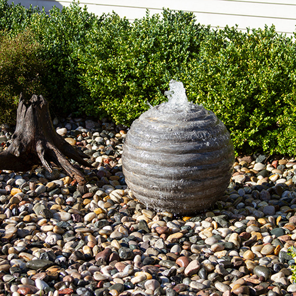 Smooth Ribbed Limestone Sphere Stone Fountain