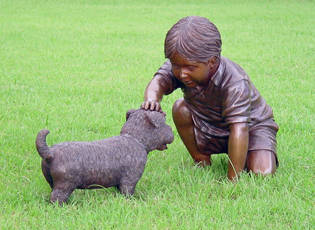 Brass Baron Boy Petting Dog Garden