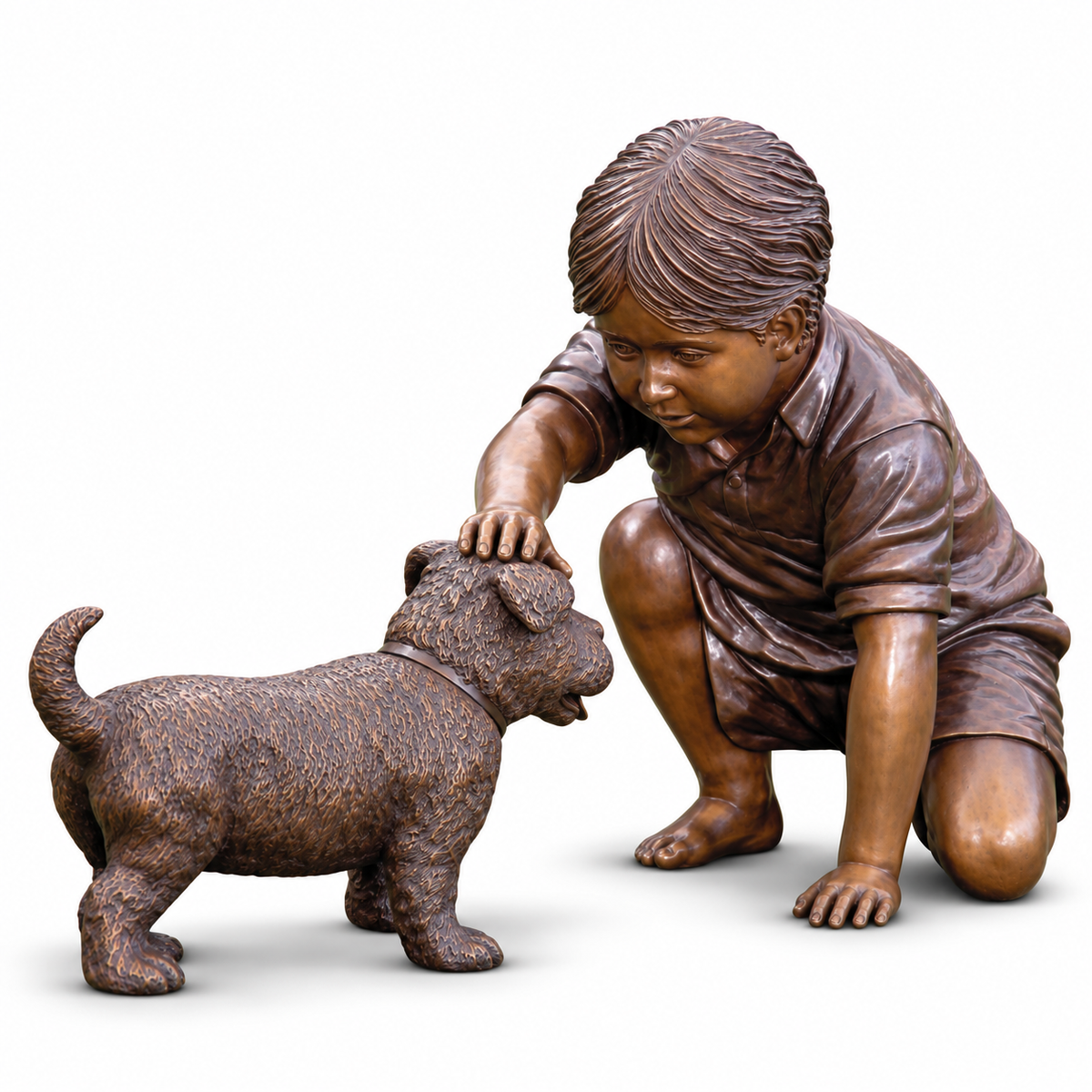 Brass Baron Boy Petting Dog Garden