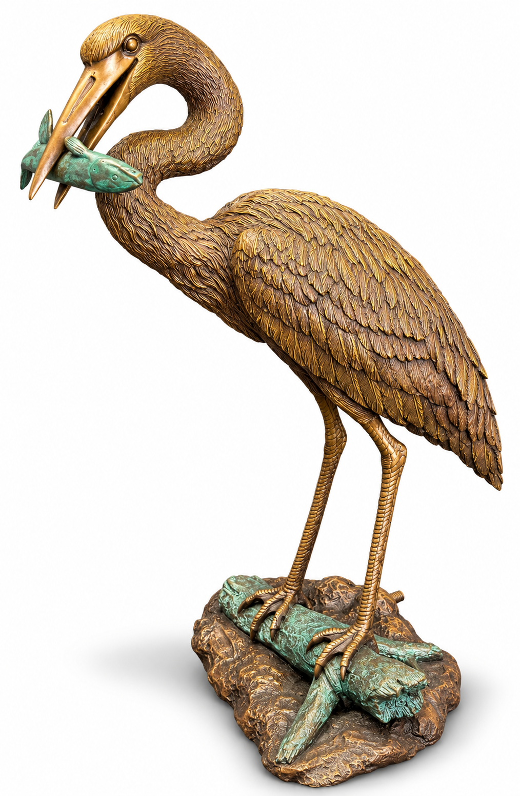Brass Baron Egret with Green Fish In Beak | Pool Accent