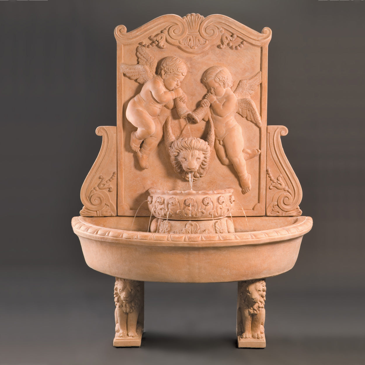 Cherub Outdoor Wall Fountain with Pedestals