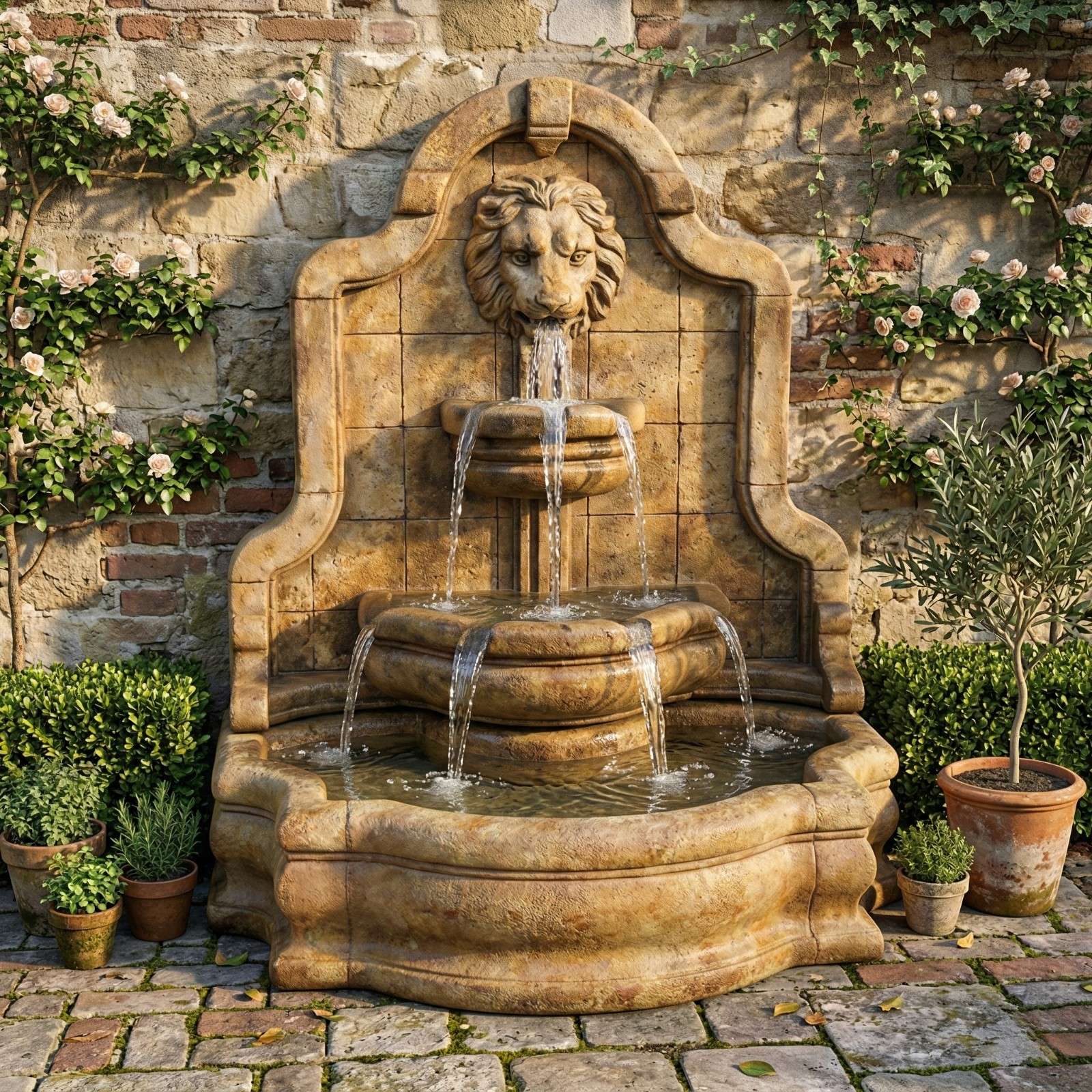 Lion Face Terrazzo Bella Fountain with Narrow Basin