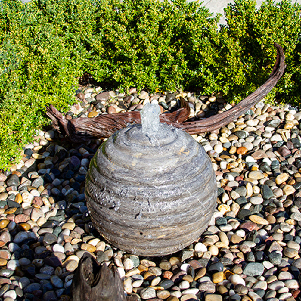 Smooth Ribbed Limestone Sphere Stone Fountain