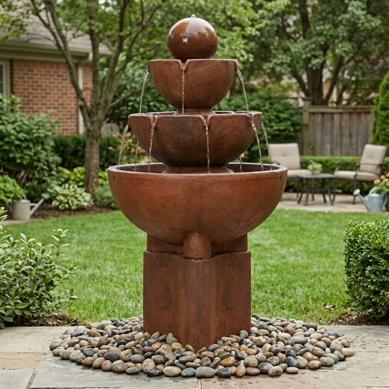 Tall Stone Vessels Fountain on Pedestal