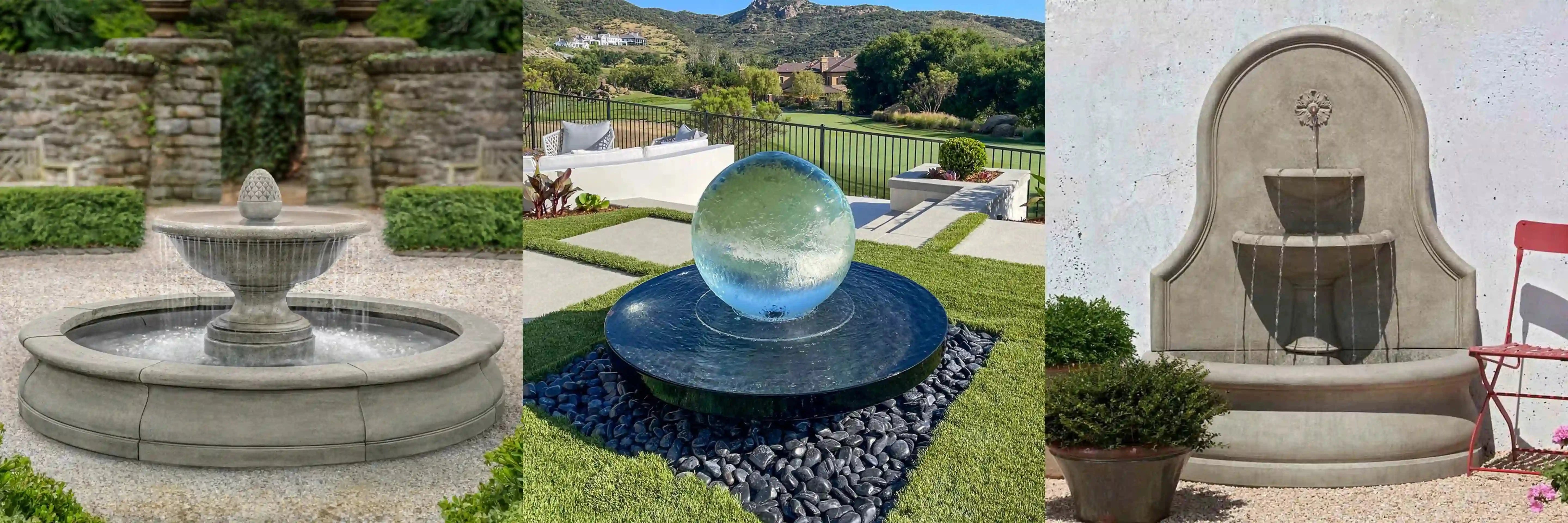 Elegant tiered garden fountain, modern glass sphere fountain, and classic wall-mounted fountains