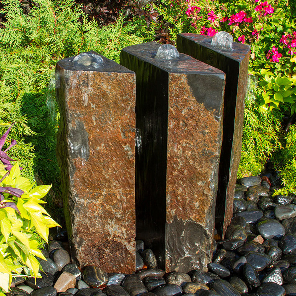 36" Triple Split Polished Basalt Stone Outdoor Fountain