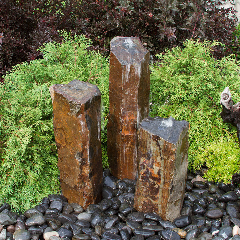 Triple Rustic Basalt Stone Outdoor Fountain