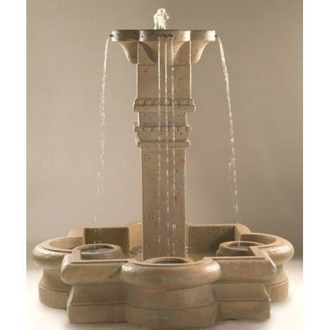 Plinth Column Outdoor Water Fountain in Quatrefoil Basin