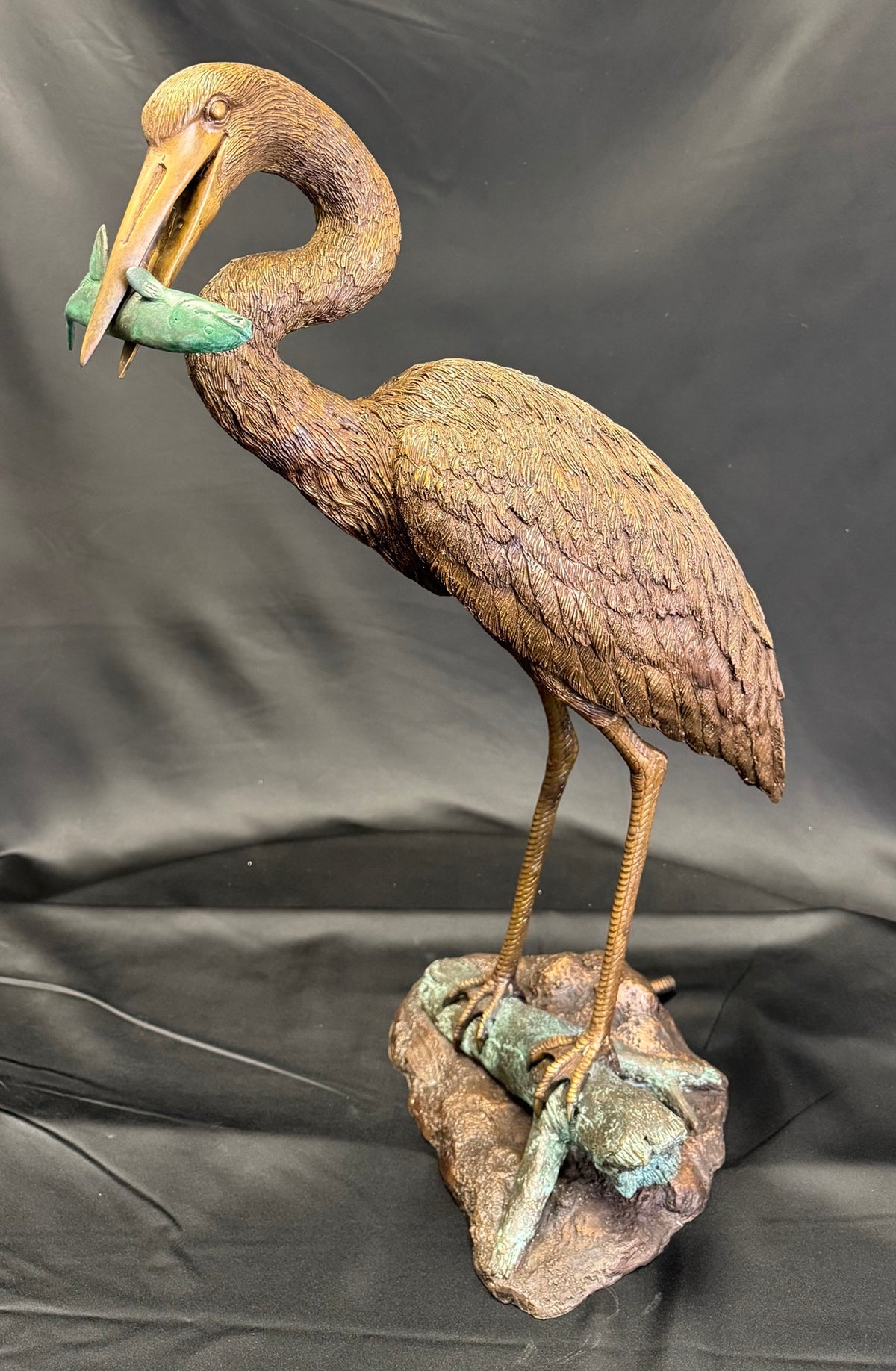 Brass Baron Egret with Green Fish In Beak | Pool Accent