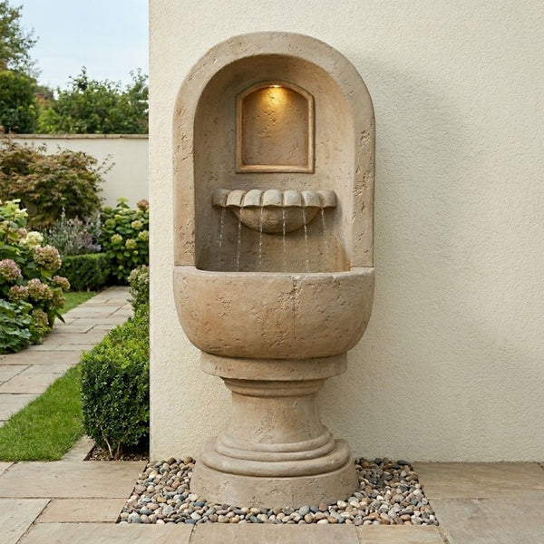 Outdoor wall mounted fountain with decorative base