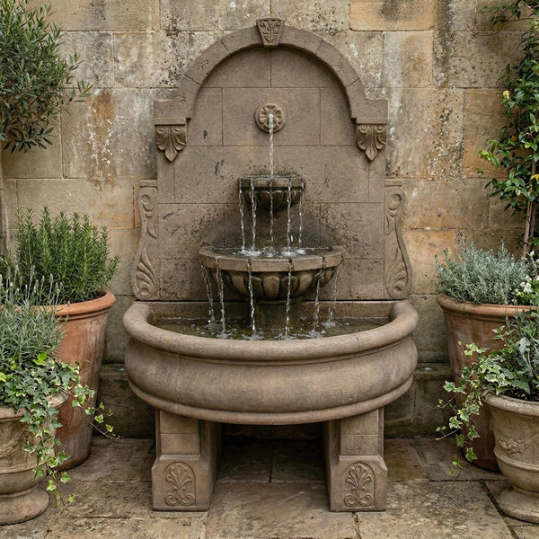 Bavarian Wall Outdoor Fountain With Plain Basin And Pedestals