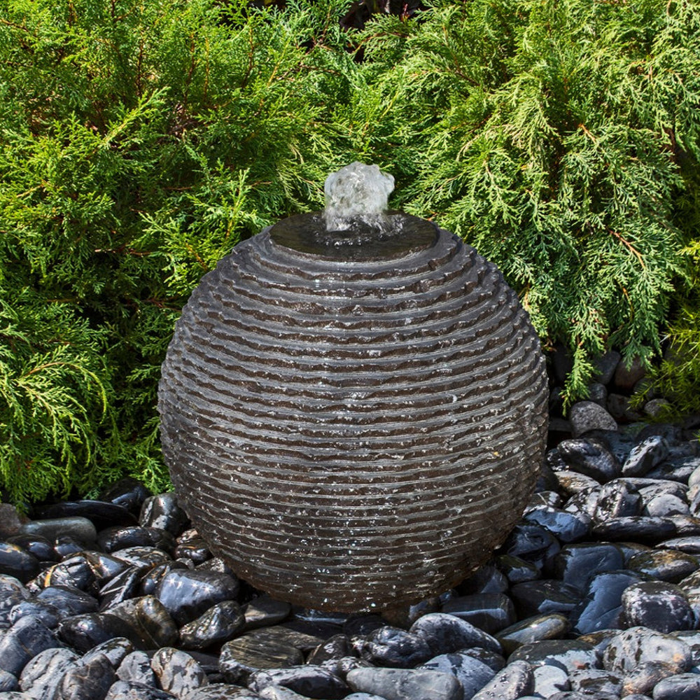 Black Ribbed Granite Sphere Fountain