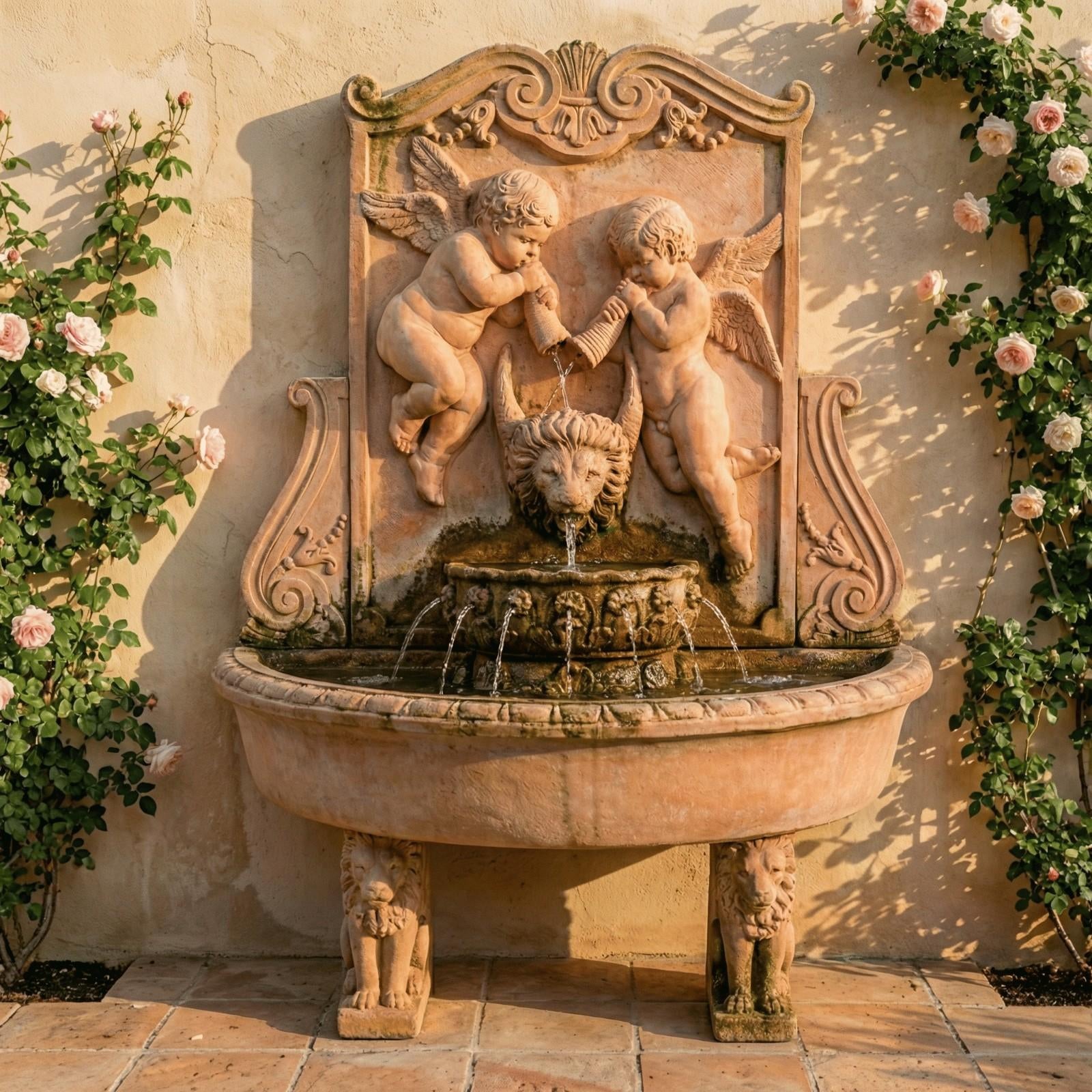 Cherub Outdoor Wall Fountain with Pedestals