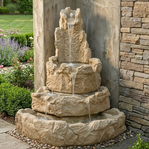 Corner Rock Tiered Outdoor Fountain