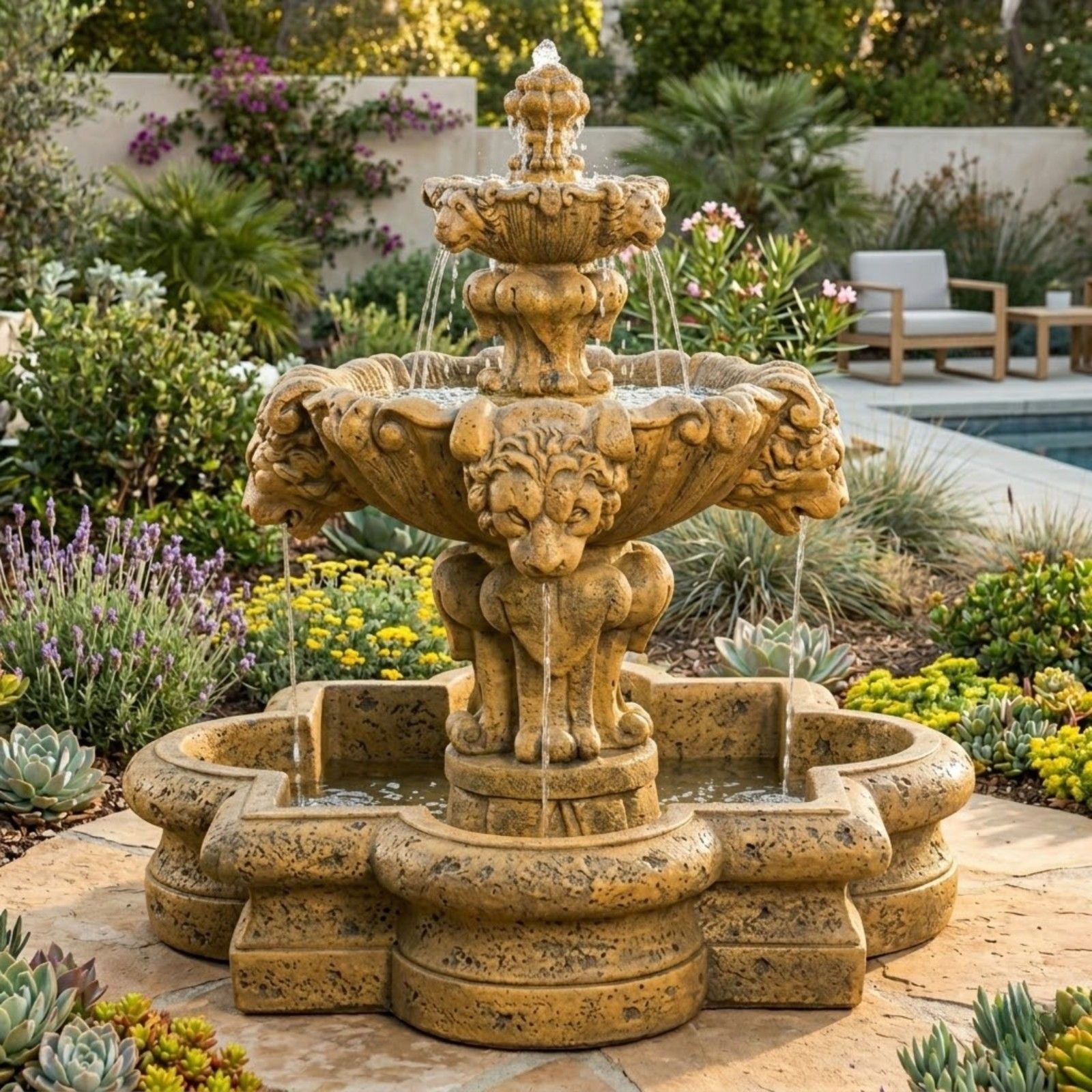 Courtyard Lion Tiered Garden Fountain in Quatrefoil Basin - Small
