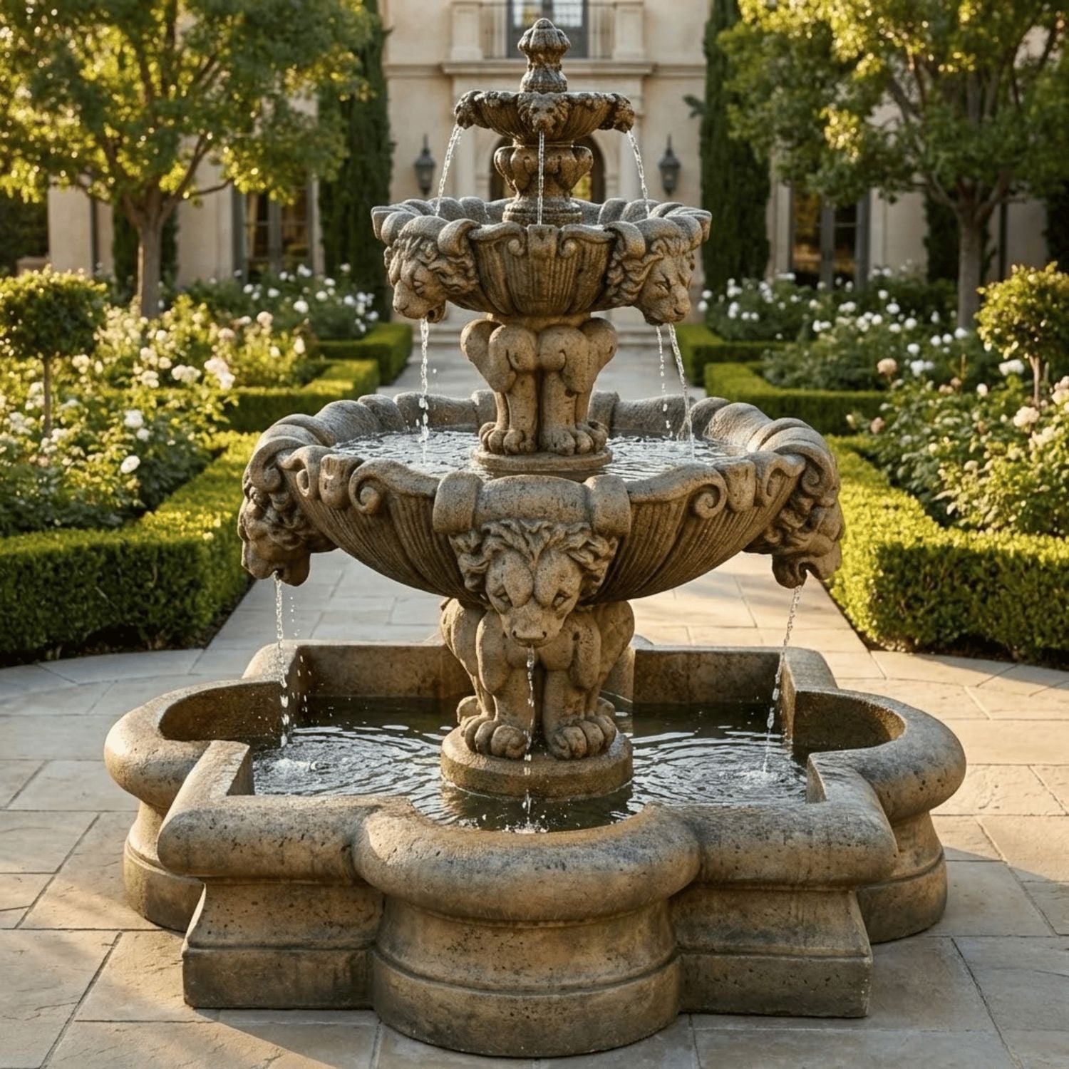 Courtyard Lion Tiered Outdoor Water Fountain in Quatrefoil Basin