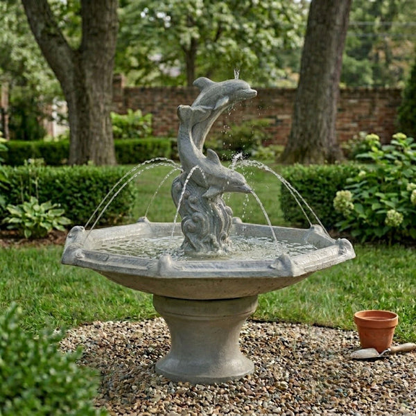 Dolphins With Octagon Bowl Cast Stone Garden Fountain