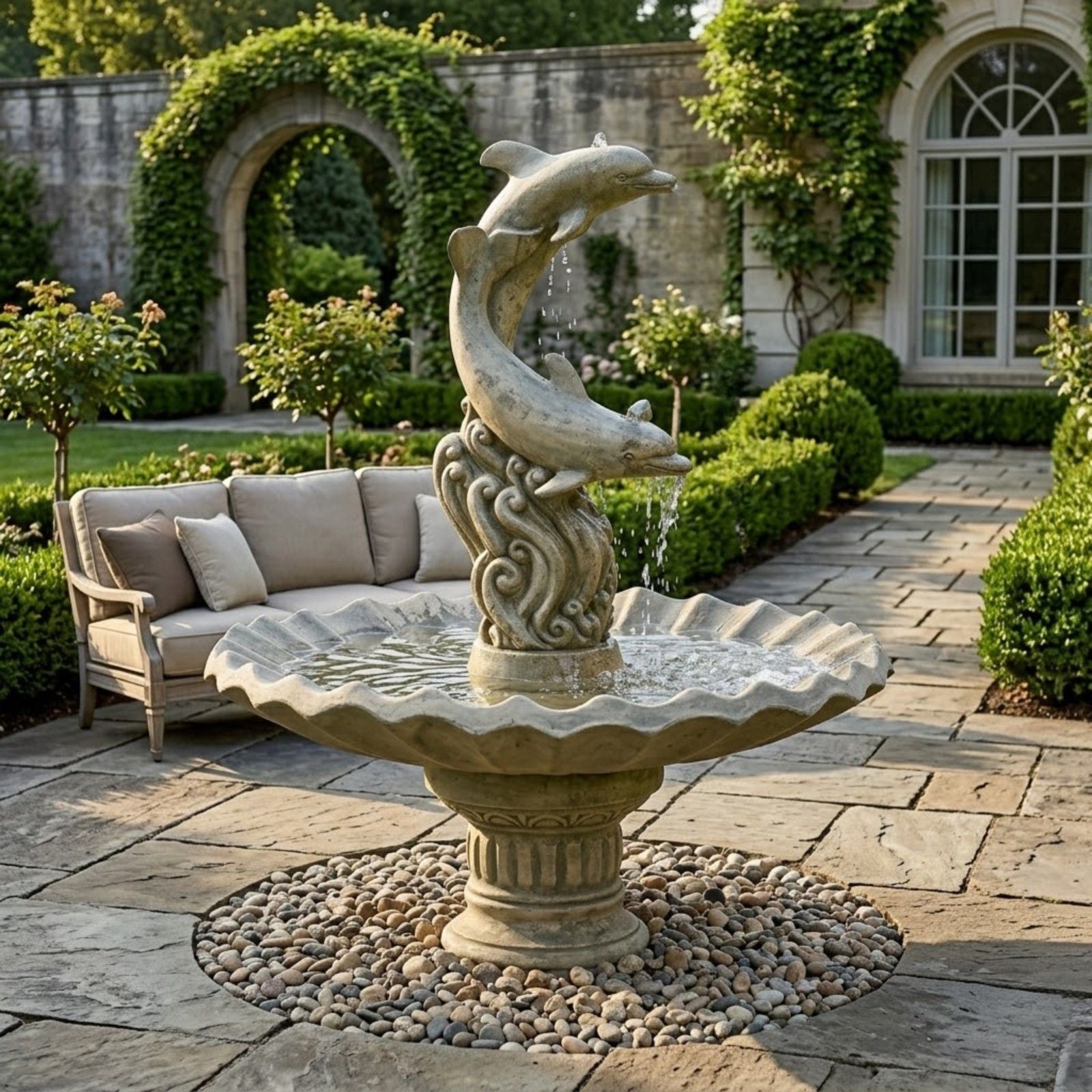 Dolphins With Shell Bowl Cast Stone Garden Fountain