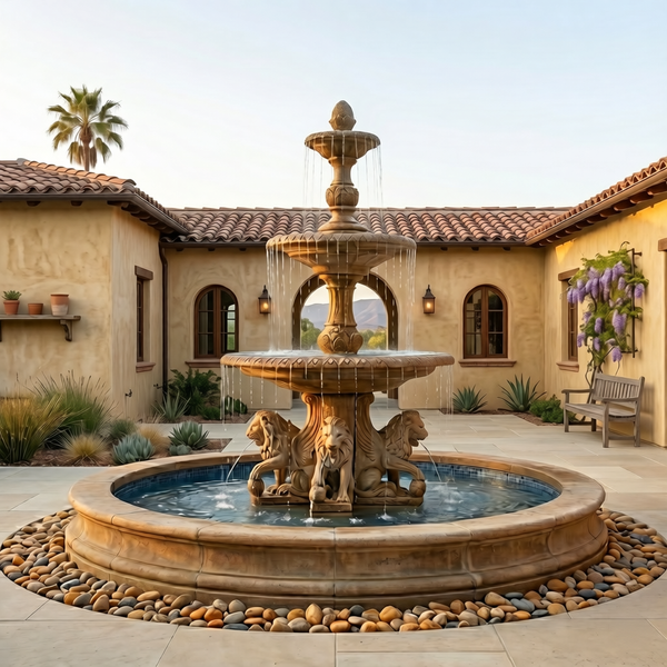 Four Seasons Fountain with Lion Base Pedestals and 12' Pond