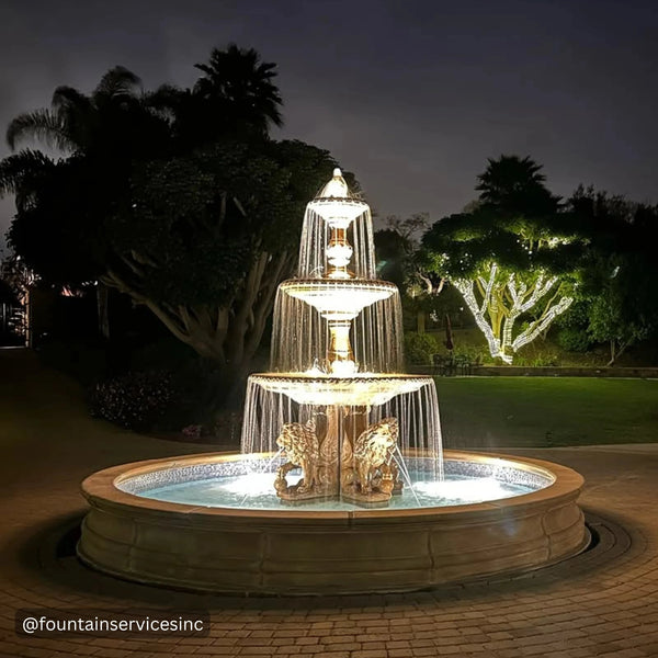 Four Seasons Fountain with Lion Base Pedestals and 12' Pond