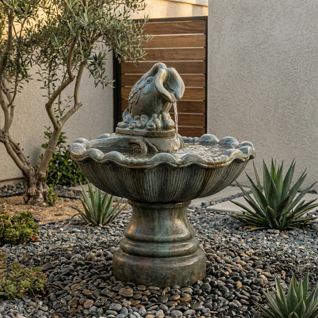Large One Tier Shell Fountain With Water Pitcher