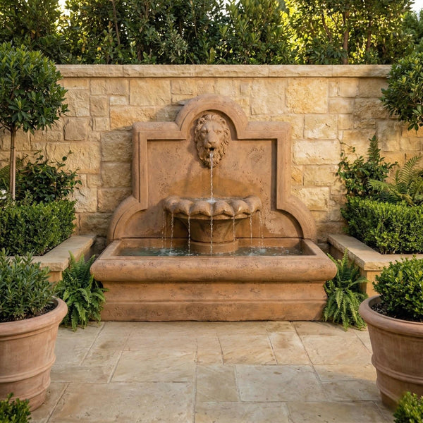 Lion Cast Stone Wall Outdoor Fountain - Large