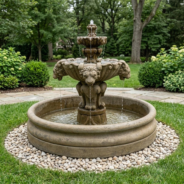 Lion Tiered Garden Fountain With 46 Inch Basin