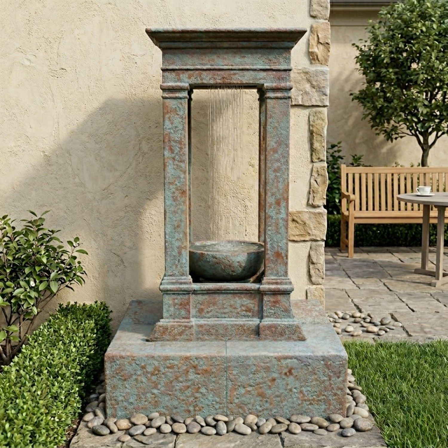 Old World Center Rain Outdoor Water Fountain, Tall with Bowl