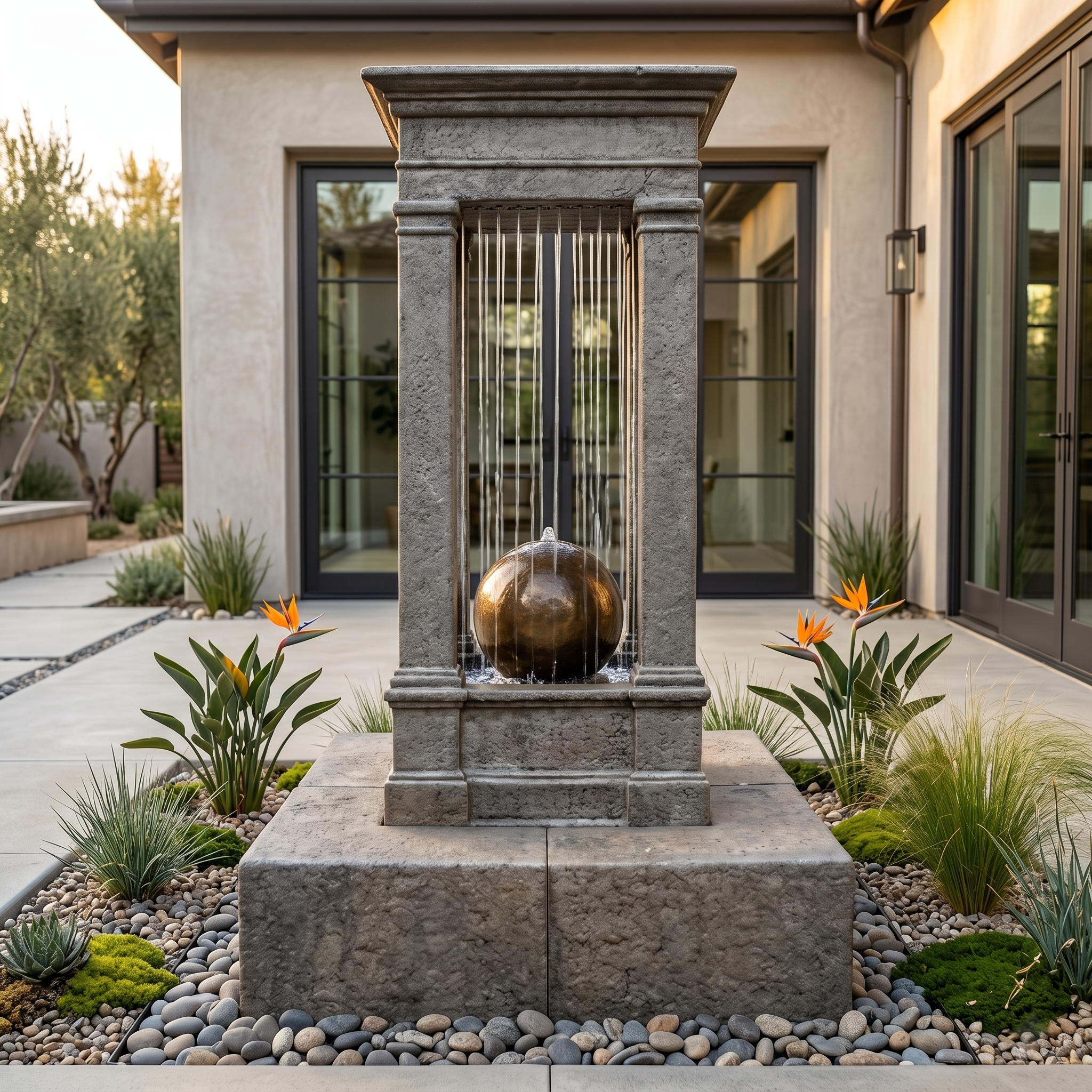 Old World Curtain Rain Outdoor Water Fountain, Tall with Sphere
