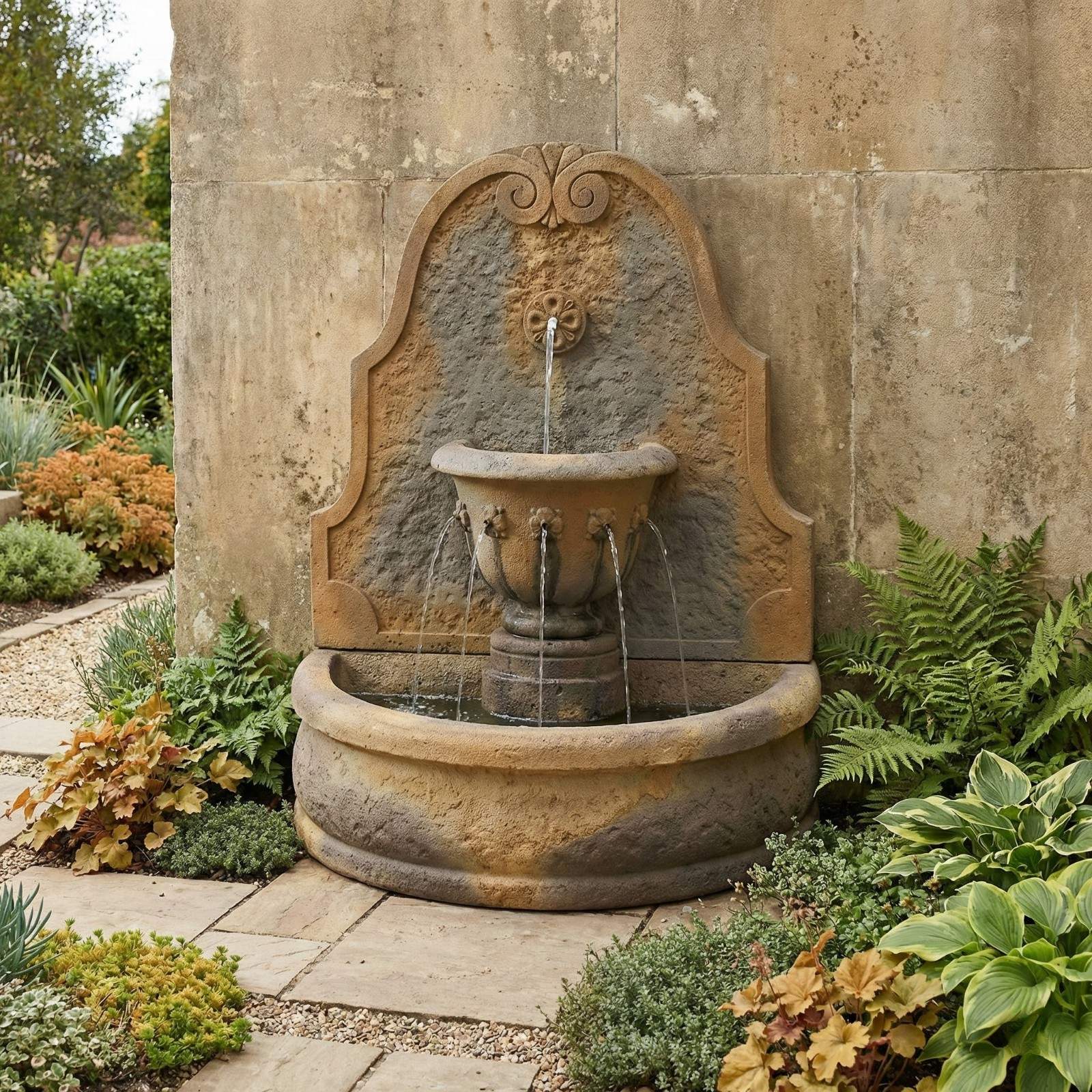Parisian Cast Stone Wall Outdoor Fountain