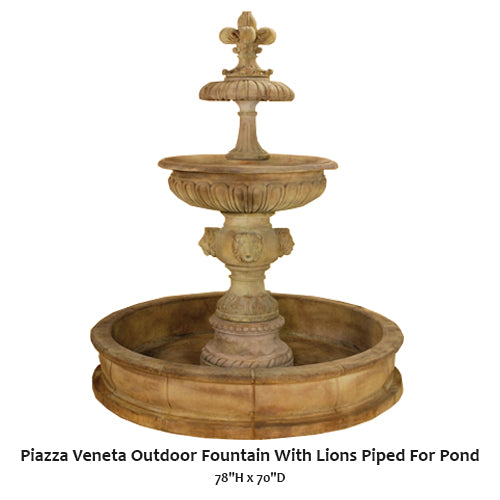 Piazza Veneta Outdoor Fountain With Lions Piped For Pond