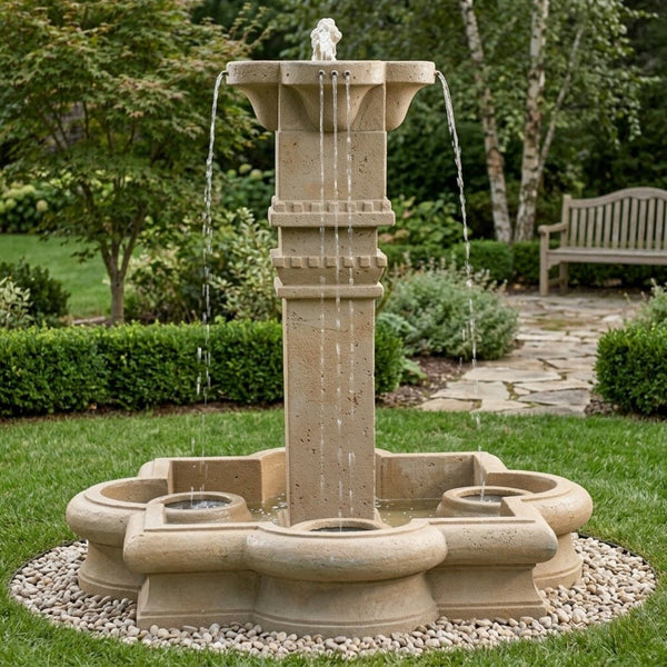 Plinth Column Outdoor Water Fountain in Quatrefoil Basin