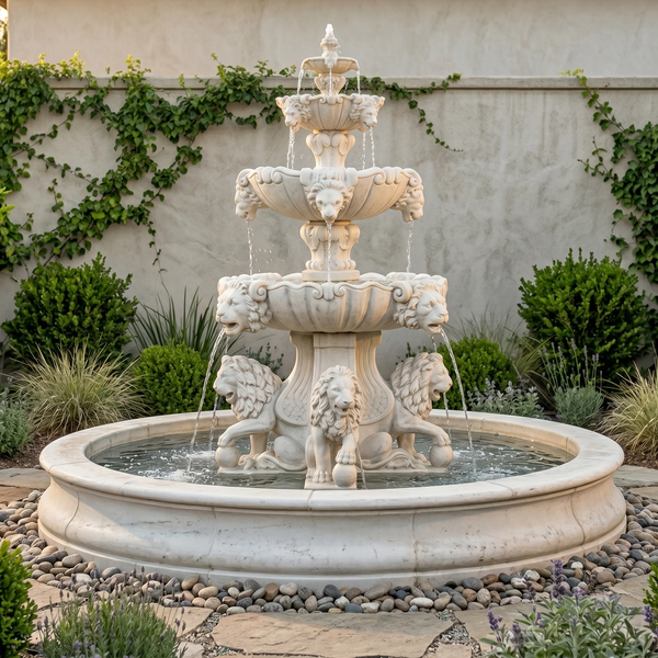 Lion Outdoor Fountain with Lion Pedestal and Plumbed Bowl - Extra Large
