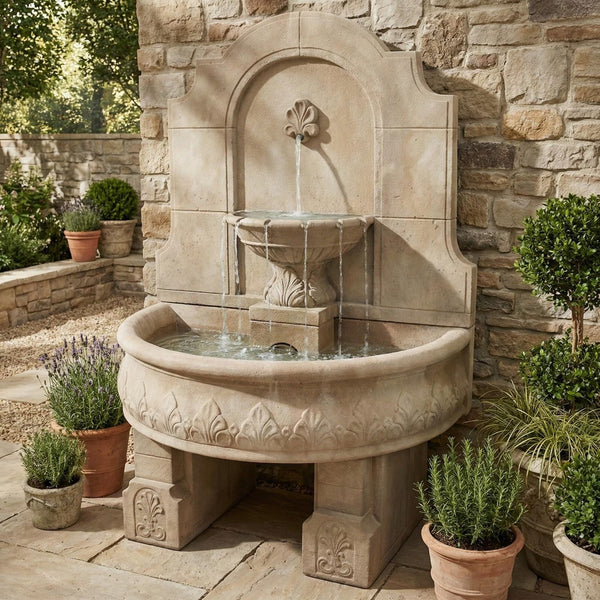 Provincial Cast Stone Wall Outdoor Fountain With Pedestals