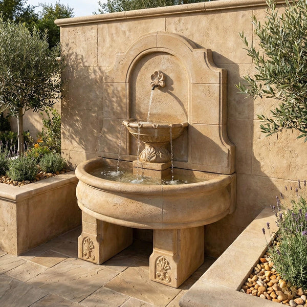 Provincial Outdoor Wall Water Fountain With Basin And Pedestals