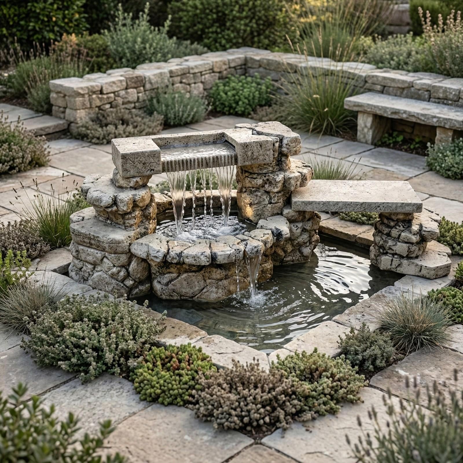 Rainbow Falls Outdoor Water Fountain With Bench