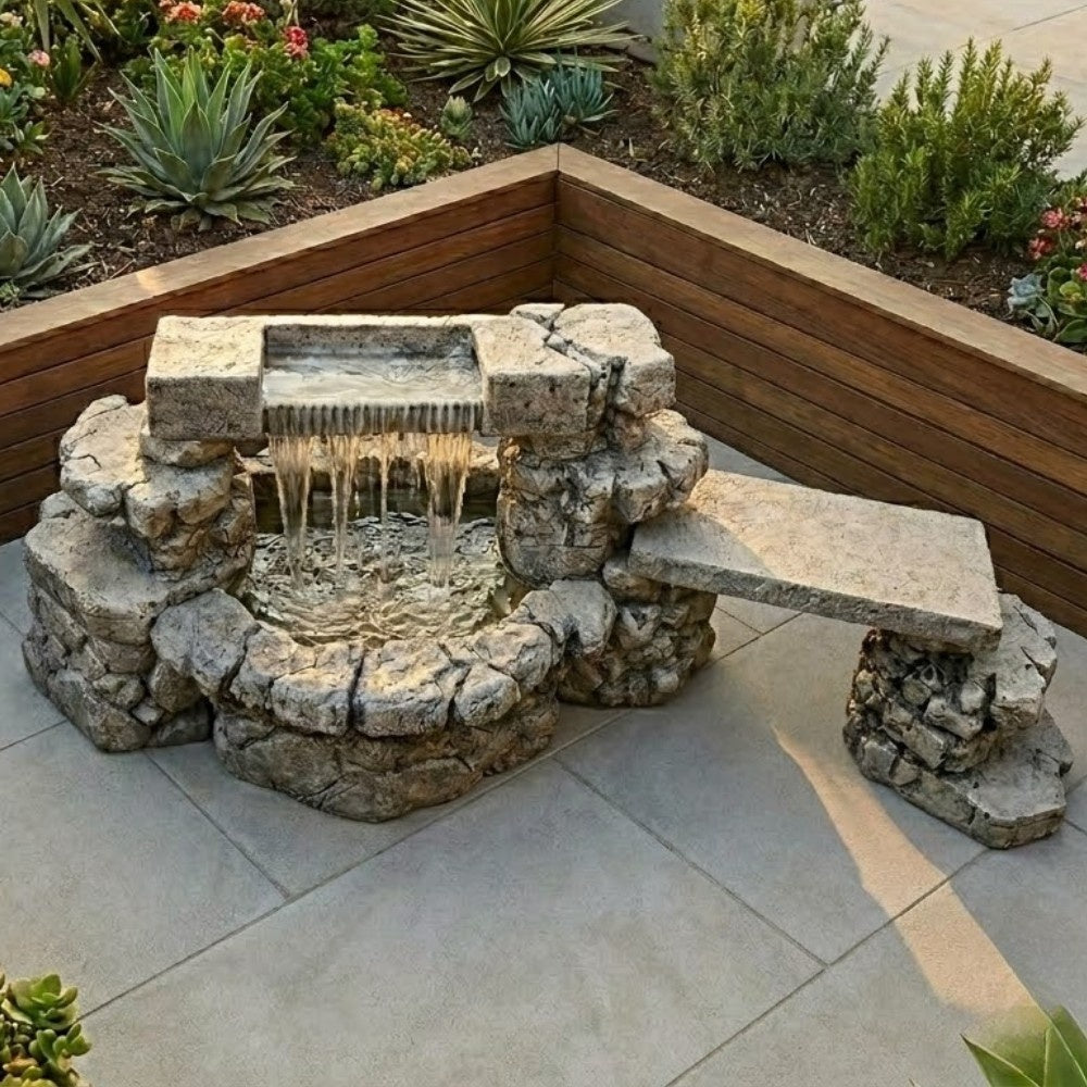 Rainbow Falls Outdoor Water Fountain With Bench