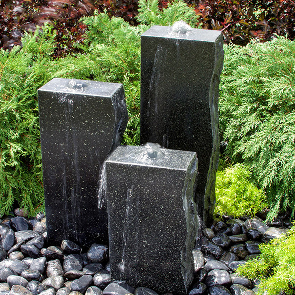 Rough Black Granite Triple Stone Fountain with 3 Smooth Sides