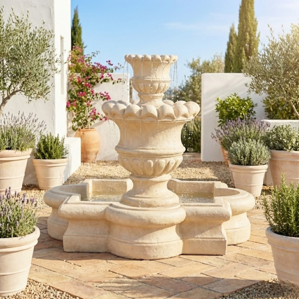 Scallop Urn Outdoor Fountain with Quatrefoil Basin