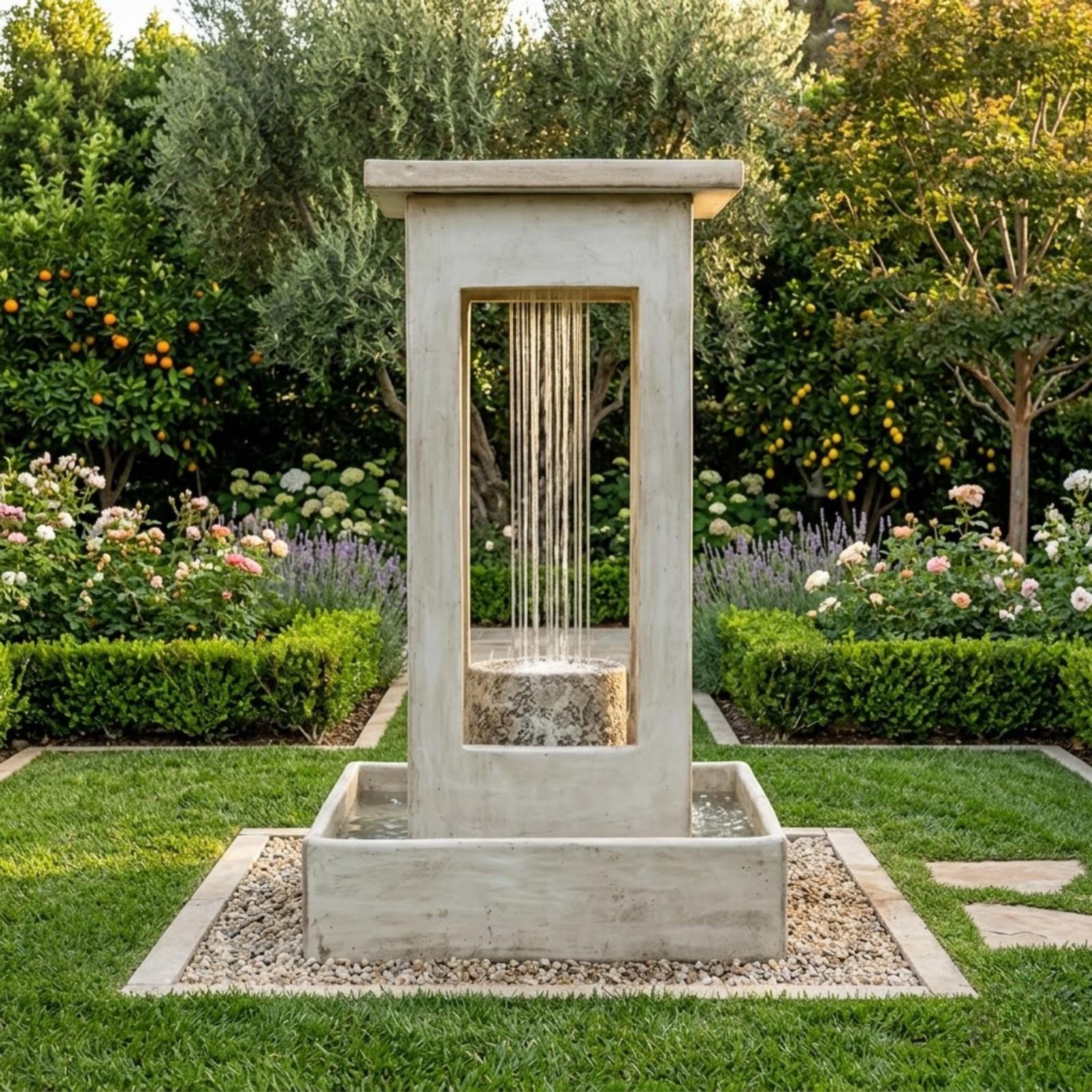 Smooth Center Rain Fountain with Column and Square Basin