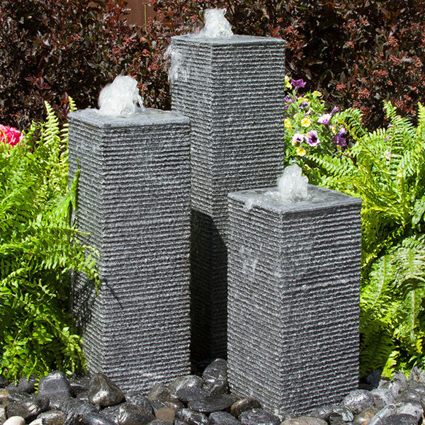 Square Chiseled Stone Towers Outdoor Fountain