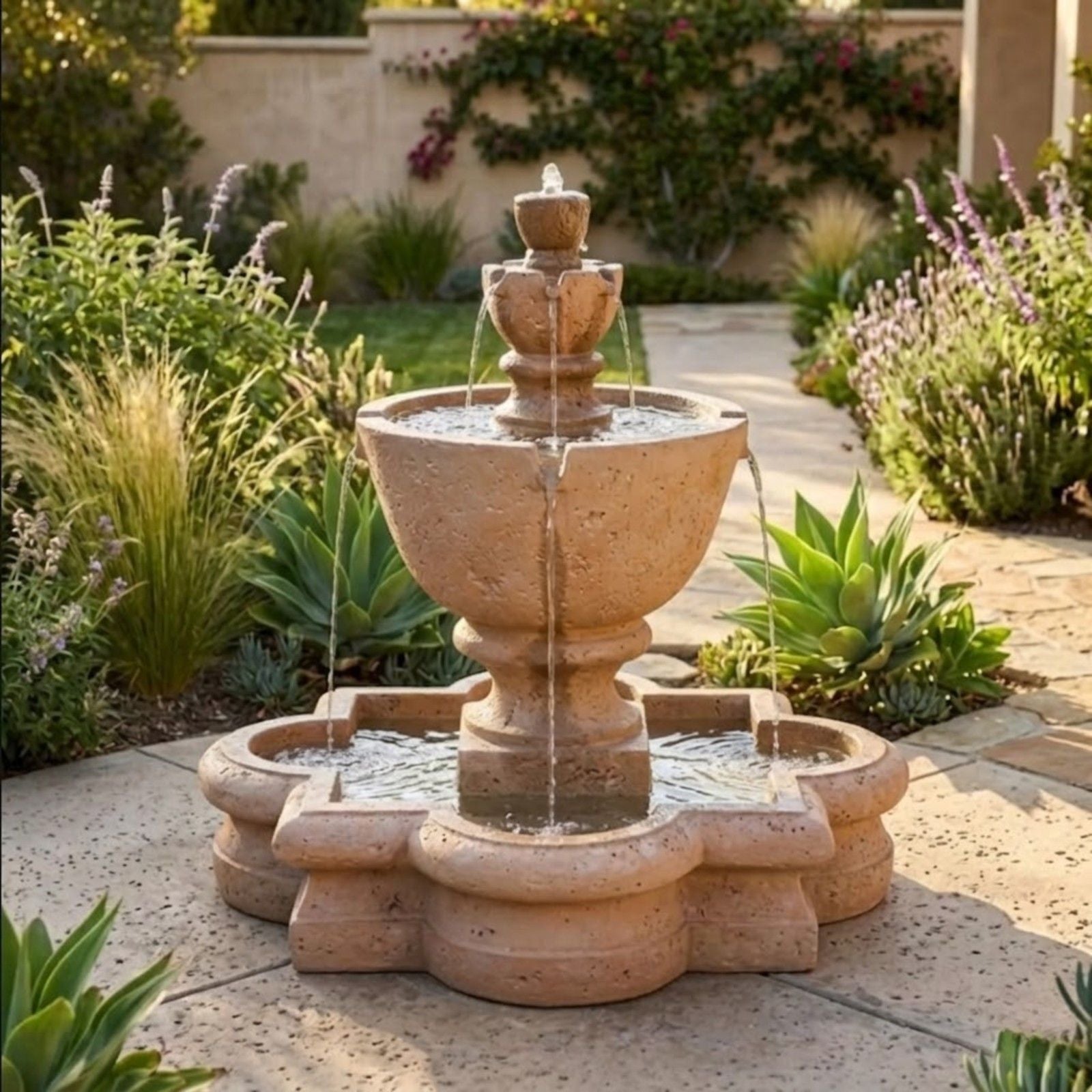 Tuscany Tiered Outdoor Fountain in Quatrefoil Basin