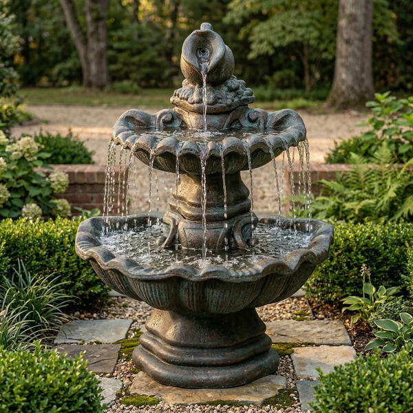 Two Tier Shell Fountain With Water Pitcher