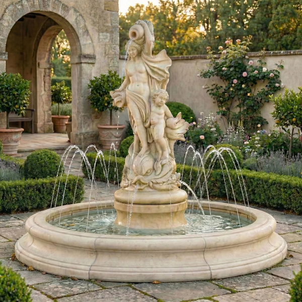 Venus with Dolphins Fountain in Toscana Pool with Spray Ring, Pompeii Ash