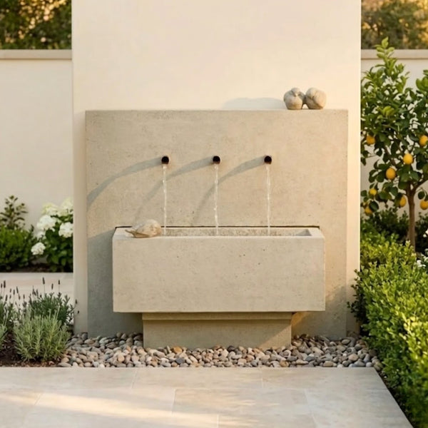 Outdoor wall mounted fountain with decorative basin
