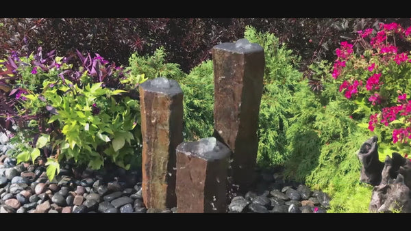 Triple Bowled, Polished Top Basalt Column Outdoor Fountain