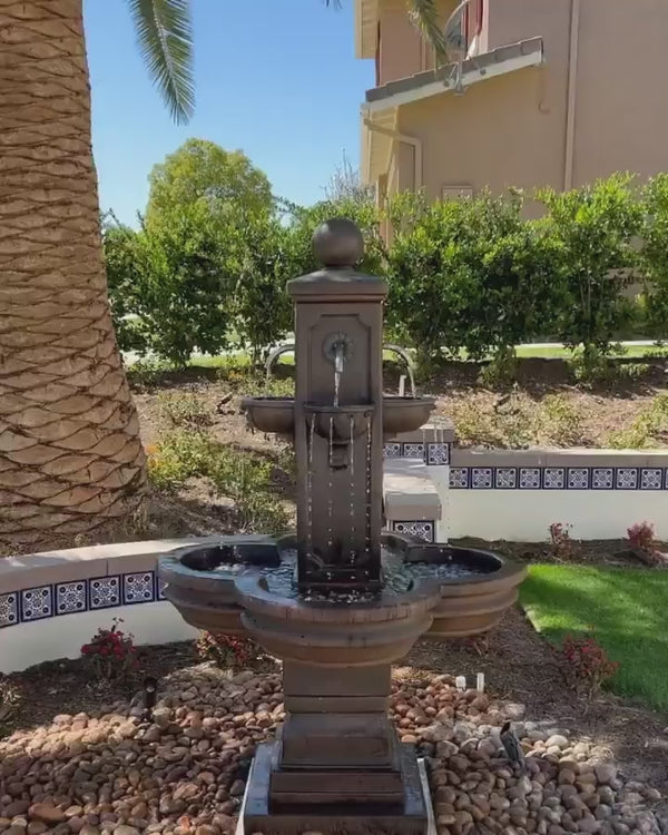 Catalina Terrace Fountain for Spouts mounted on a stucco wall with decorative tile accents