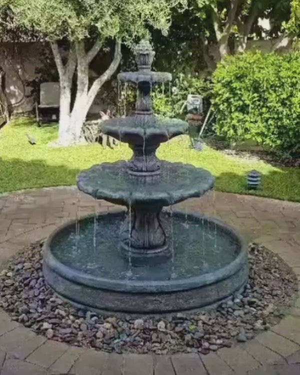 Classical Finial Outdoor Water Fountain in Grando Pool on a stone patio