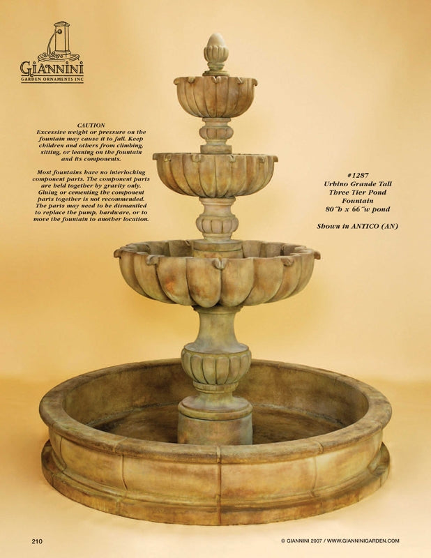 Urbino Grande Tall Three Tier Pond Fountain