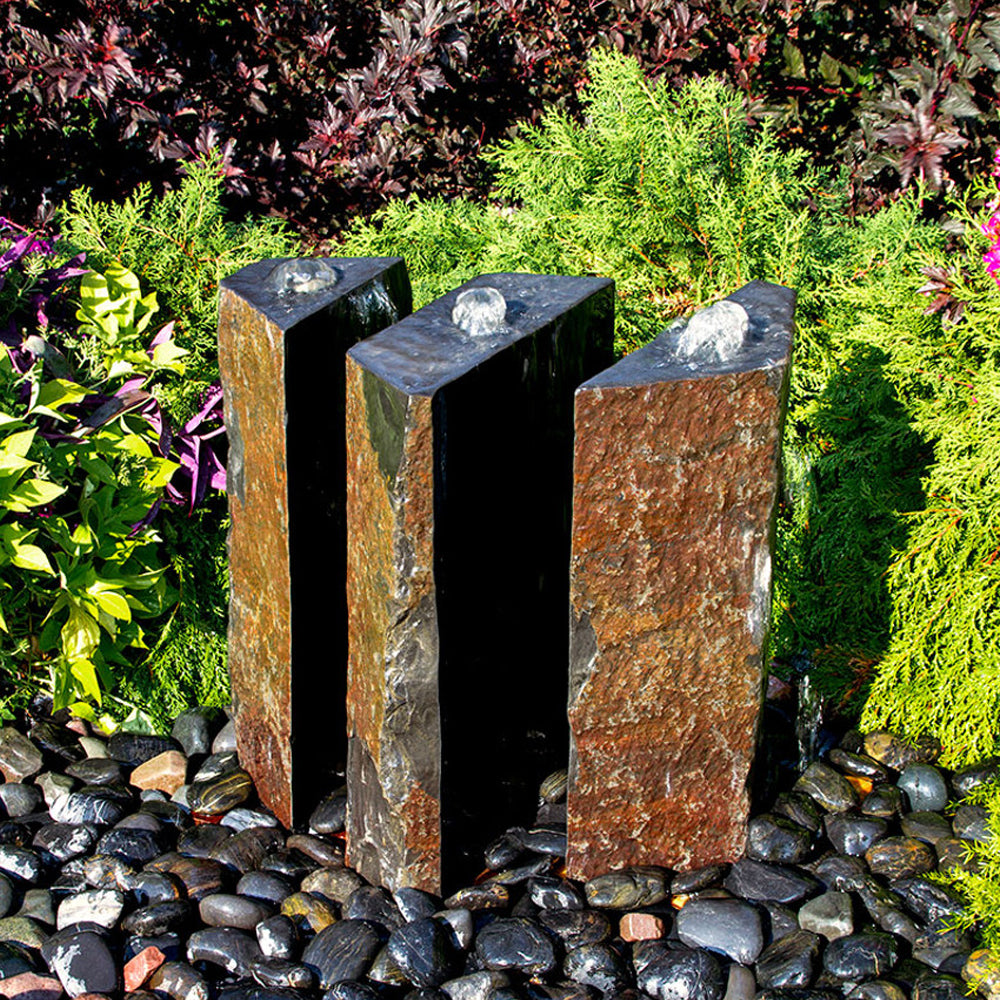 36" Triple Split Polished Basalt Stone Outdoor Fountain